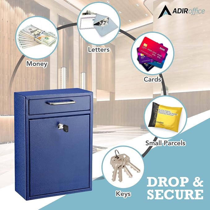 AdirOffice Mailboxes for Outside Wall Mount Large with Key Lock, Metal Locking Mailbox with Post Outdoor, Residential Mail Box Lock and Key, Cash Drop Box for Money, Parcel, Envelopes & Cards Blue