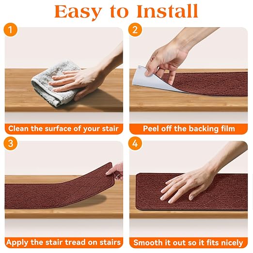 Stair Treads for Wooden Steps 15 PCS, Non Slip Stair Rugs Red | 8x30in Self-adhesive Stair Runner Strips, Machine Washable, Indoor Carpet for Stairs, Stair Protection for Kids Pets Elderly