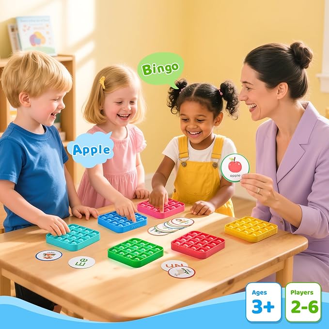 JoyCat Alphabet Bingo Game for Kids Ages 3-5, Sensory ABC Learning Toy with 6 Reusable Silicone Bingo Boards, 26 Double-Sided Letter & Picture Cards, Preschool Kindergarten Classroom Game
