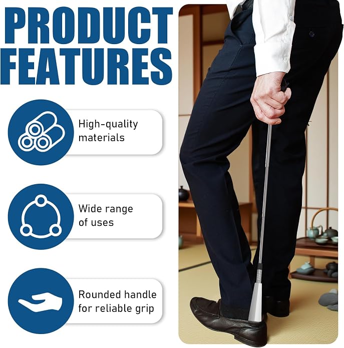 2 Pieces Shoe Horn Long Handle for Seniors, Stainless Steel Boot Horn Lifer, Shoe Helper Stick Aid Tools