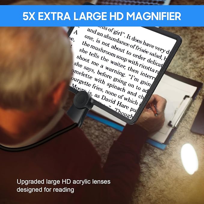 Large Hands Free Magnifying Glass with 50 Ultra-Bright LED Light,Flexible Gooseneck Magnifiers for Reading Books, Sewing, Knitting Seniors Low Vision, Black, 10.6 x 7.4in