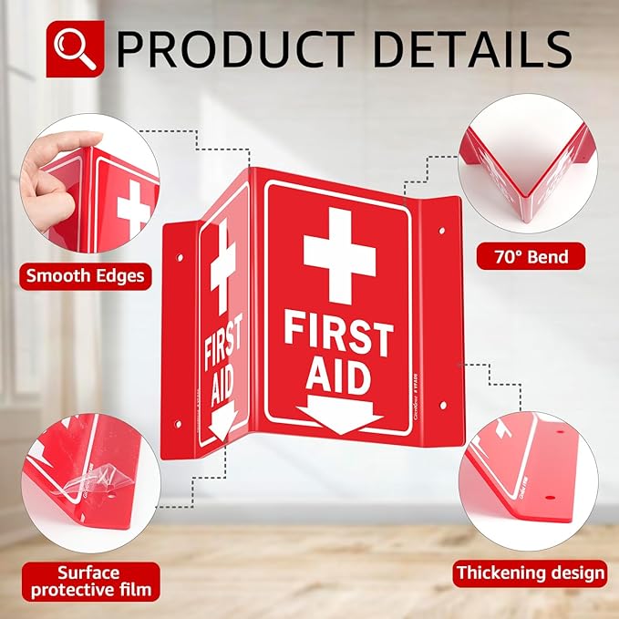 GicnKeuz First Aid Sign, 8" x 6" First Aid with Cross Symbol, Two-Sided Acrylic V-Sign for Business or Office or Wall Décor, Including Screws, Easy to Install (2 Pack)