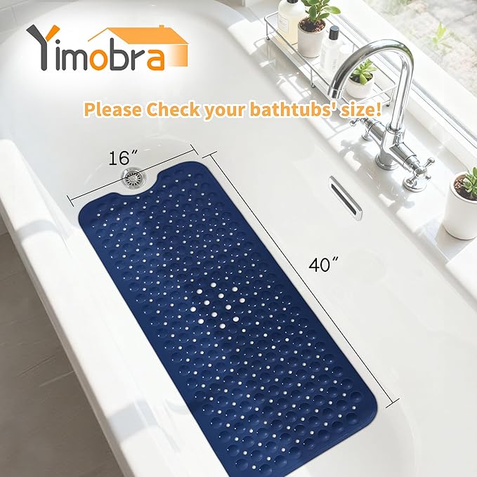 Yimobra Non Slip Bathtub Mat 40 x 16 Inch, Extra Long Shower Mat with Drain Holes, Machine Washable Baby Bath Mats, Strong Suction Cups for Bathroom Floor, Navy Blue