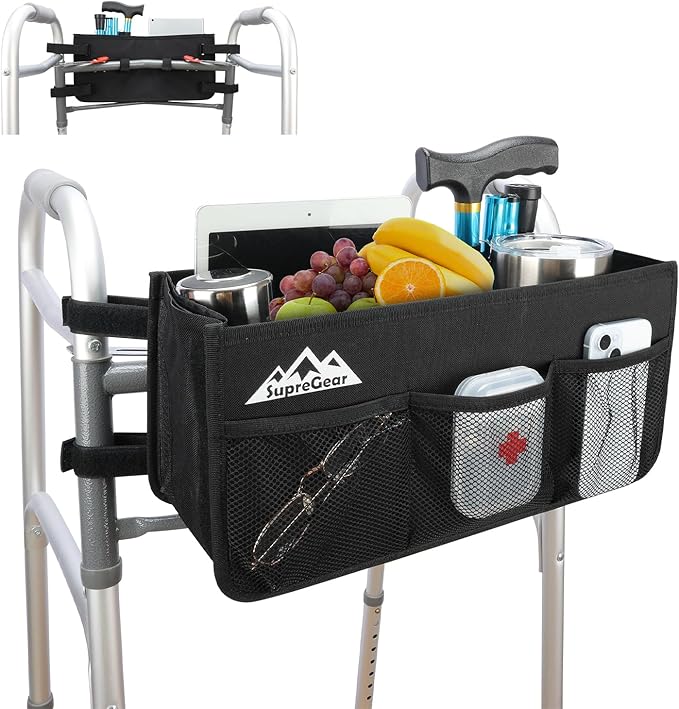 supregear Walker Basket, Foldable Walker Bag with Cup Holder, Storage Pouch with Large Capacity and Never Tipping Over, Hand-Free for Seniors Elderly, Not Fit for Rollator, Black
