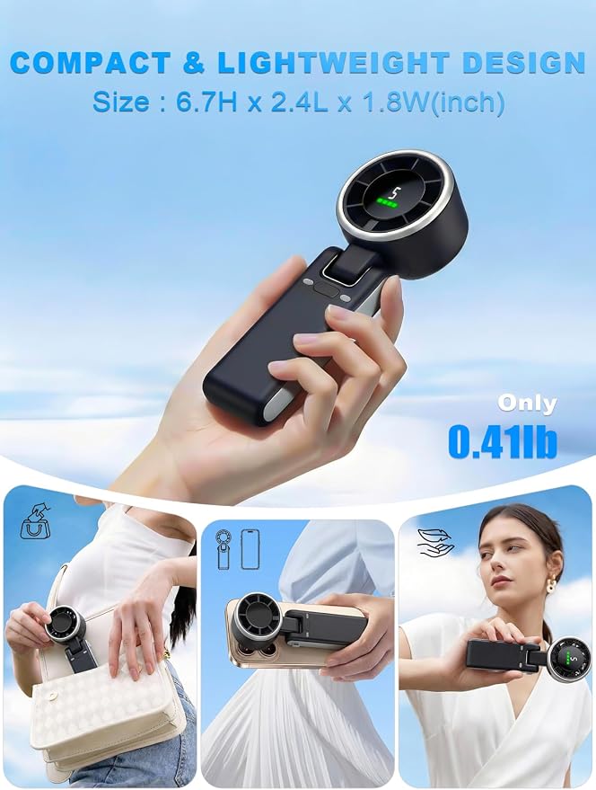 Portable Handheld Turbo Fan, 5 Gear Wind, Battery Operated, Up to 13 Working Hours Rechargeable Fan, 3 IN 1 Hand Fans with Air Turbo Tech Cooling Fan for for Travel, Beach, Outdoor - Black