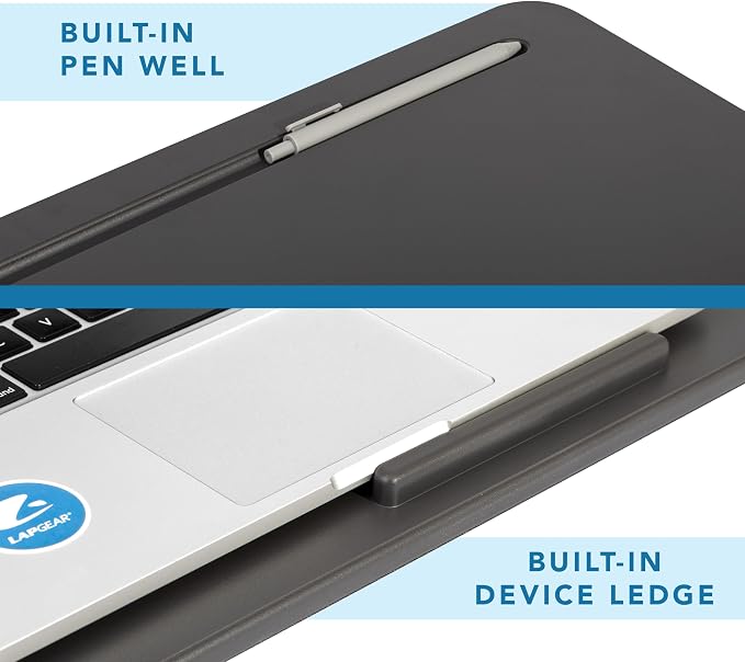 LAPGEAR The Original Lap Desk – Charcoal, Fits 17" Laptops | Microbead Cushion, Device Ledge, Built-In Pencil Tray, Carry Handle