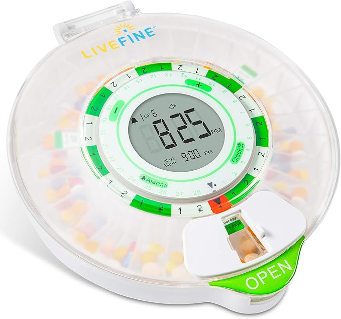 Live Fine Automatic Locking Pill Dispenser, 28 Day, Frosted Lid | Medicine Pill Organizer, Lockable Medicine Box, Pill Box with Alarm, Audio & Visual Alerts, Sliding Retrieval Window
