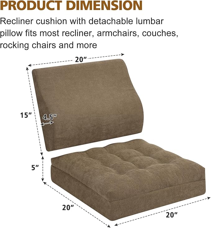 Recliner Cushion for Elderly with Lumbar Support Pillow - 20x20x5 Inch Extra Thick Recliner Seat Cushion for Seniors Relief Back Pain and Tailbone Pain from Long Sitting Non-Slip Bottom Brown