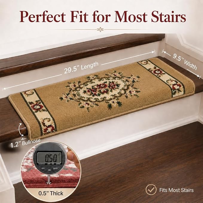 Rounded Bullnose Carpet Stair Treads for Wooden Steps Indoor, No Tape Non Slip Step Mats with TPU Backing & Steel Reinforced Edge for Dogs Elders,Beige Floral,14