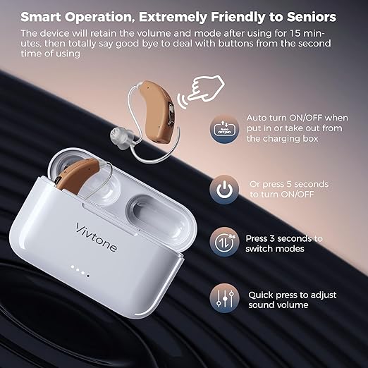 Rechargeable Hearing Aids for Seniors Adults, Advanced Multi Channel Digital BTE Hearing Assist, with Recycle Charging Case for 125 Hrs Backup Power, Auto-On/Off, Pair, Lucid508-beige