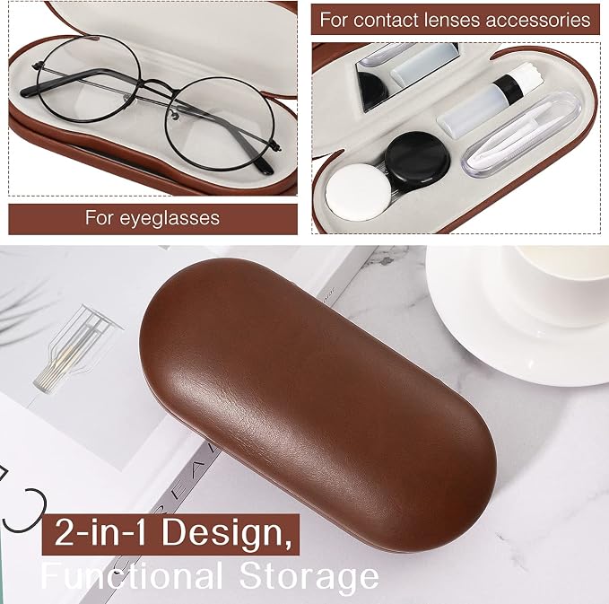 MoKo Double Eyeglass Case, Contact Lens Case with Mirror Tweezers Remover, 2 in 1 Double Sided Portable Contact Lens Box Holder Container Soak Storage Kit Sunglasses Pouch for Men & Women, Brown