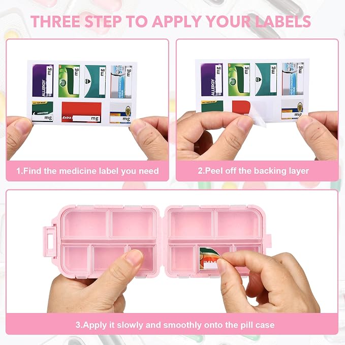 Compact Travel Pill Organizer with 189 Medicine Labels, 10 Compartments Portable Small Pill Case Daily Medicine Storage Container for Purse, Car, Airplane and Vacation Travel 3 Pack