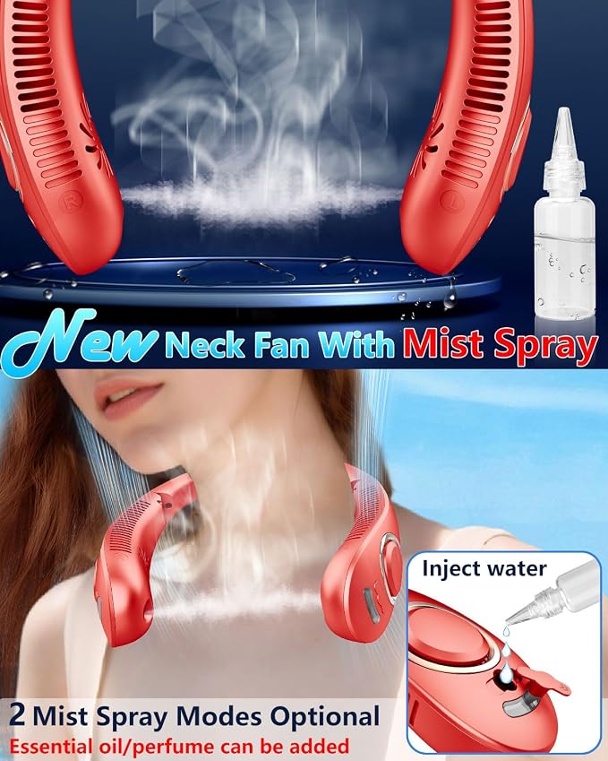 Portable Neck Fan with Water Mist, 4000mAh 4-9H Lasting, LED Display & 5 Fan-Speed, Dual Vents Rechargeable Neck AC, Hands-Free Bladeless Face Fans for Women Men Teens Birthday Gifts Beach Golf, Red
