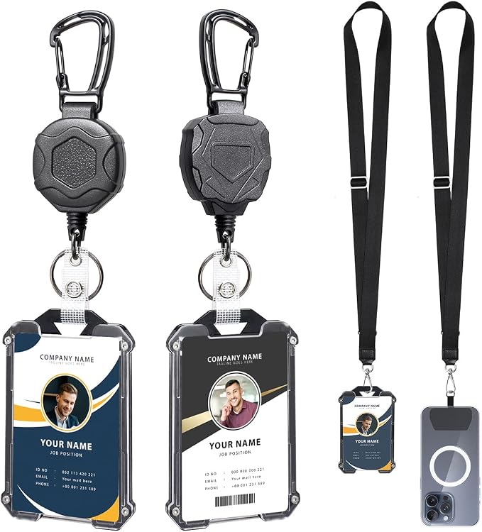 Badge Holder Retractable Clip Heavy Duty Carabiner Badge Reel Keychain with Lanyard ID Cards Holder Cool Tactical ID Holder
