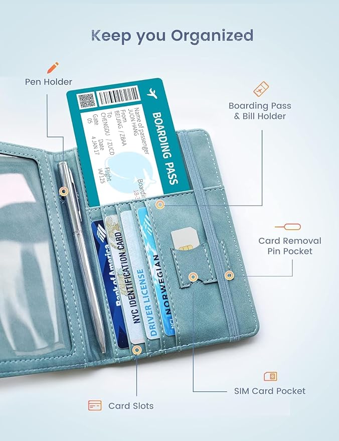 Passport Holder Passport Case Travel Wallet with See-Through Card Holder Passport Cover with RFID Blocking Clear Pocket for Photo Calf Leather
