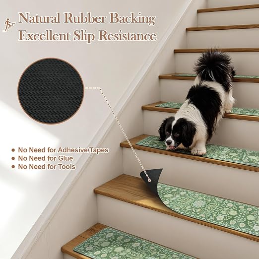 OJIA Stair Treads Non Slip Stair Runners for Wooden Steps 15PCS 8"x30" | Floral Carpet Stair Treads for Wood Stairs Indoor Staircase Step Treads for Kids & Dogs, Rubber Backing Stair Covers, Green