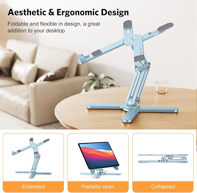 OMOTON LA10 360° Rotating Laptop Stand Riser Foldable for Desk, Sky Blue | Aluminium Aolly, Adjustable Height Angles, Collaborative Work, Easy Storage, Fits Laptops up to 17", for MacBook Pro/Air HP
