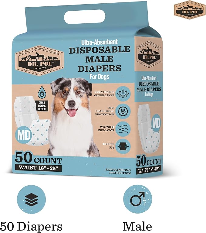 Dr. Pol Male Dog Diapers, Belly Bands, Medium (18–25" Waist), 50 Count