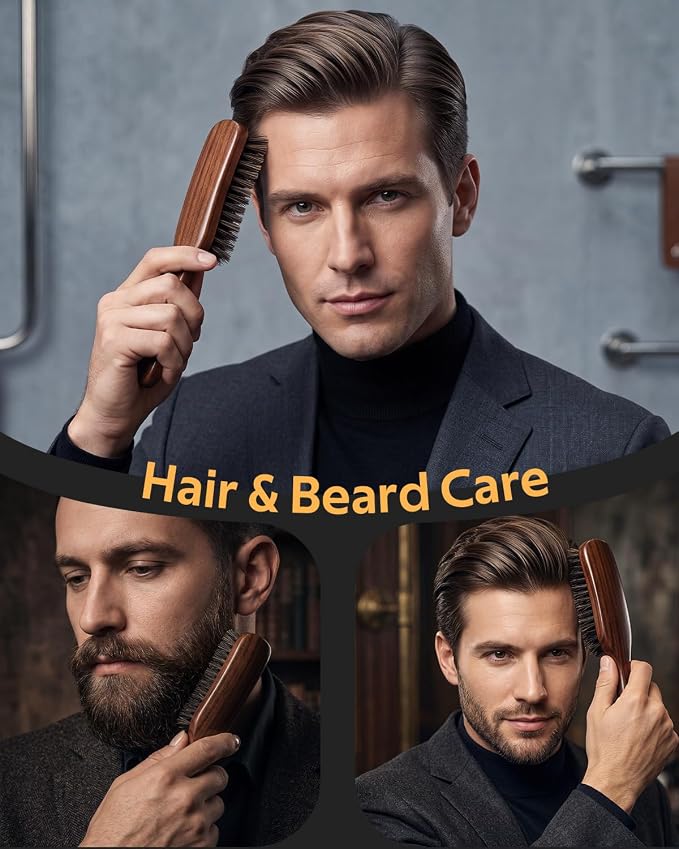 STYLEMATE Boar Bristle Mens Hair Brush | Slick Back Beard Brush with Natural Black Walnut Wooden Handle and Stiff Bristles for Thick & Fine Hair