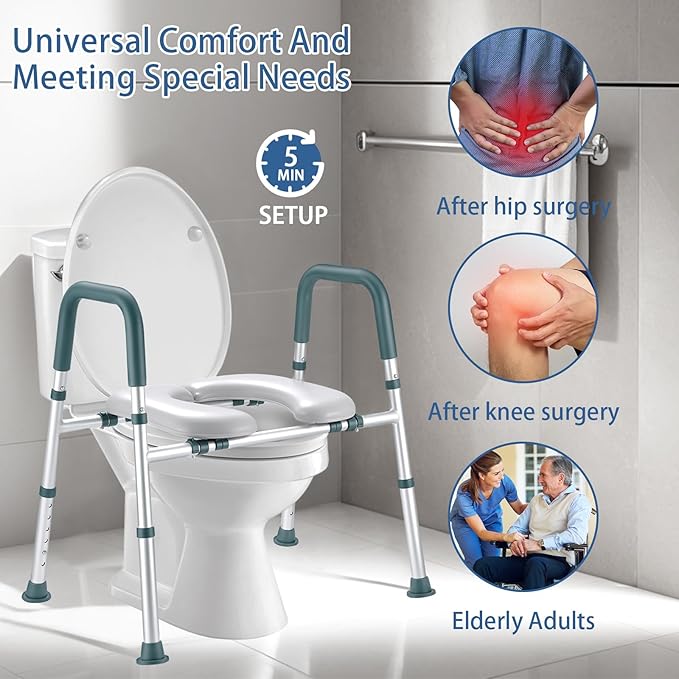 Raised Toilet Seat with Handles, Toilet Seat Riser for Seniors with Adjustable Height & Width, 400lb Cozy Padded Elevated Toilet Seat for Elderly, Handicap and Disabled, Fit Any Toilet