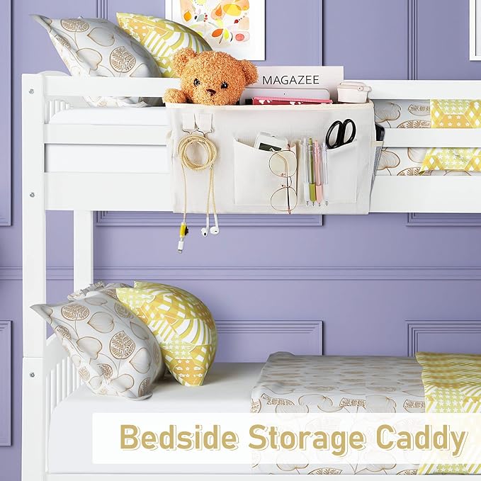 Bedside Caddy Organizer Hanging Storage Bag Bunk Bed 2Pack White | Bed Caddy with Magazine Water Bottle Phone Holder for College Dorm and Hospital Beds