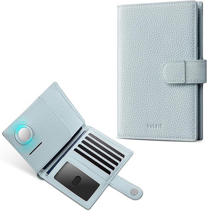 VULKIT Dual Leather Passport Wallet with Airtag Holder Slim Double Passport Holder RFID Blocking Passport Travel Wallet for Women or Men