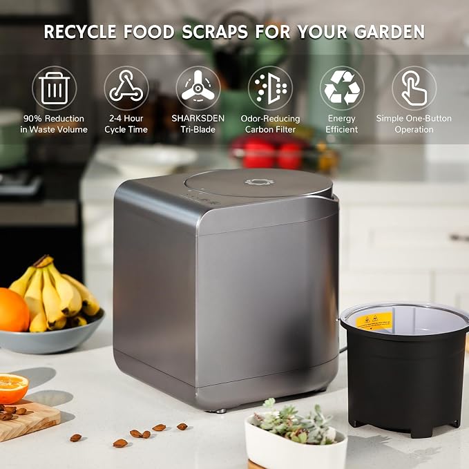 Airthereal Revive Electric Kitchen Composter, SHARKSDEN Tri-Blade, Turn Food Waste and Scraps into Dry Compost Fertilizer for Plants, R500 Gray | 4-hr Cycle, SHARKSDEN Tri-blade, 90% Reduction in Waste Volume