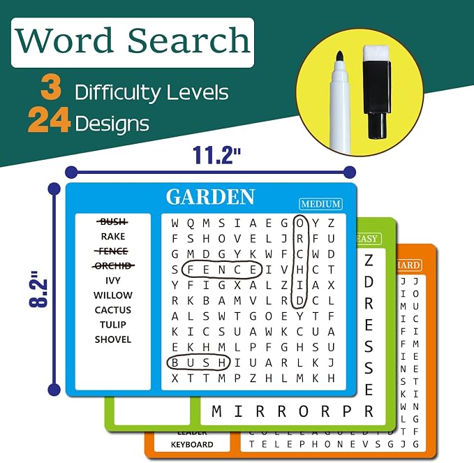 2-in-1 Mindful Puzzles Set with 24 Crossword and 8 Word Search, 1-12 Players, Memory Activities for Seniors with Alzheimer's and Dementia