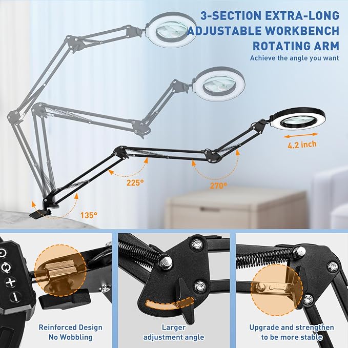 HITTI 12X & 30X Ultra Long Magnifying Glass with Light and Clamp | Swivel Arm, 5 Color Modes Steepless Dimming LED Desk Lamp, Hands Free Lighted Magnifier Stand for Workbench Reading Hobby