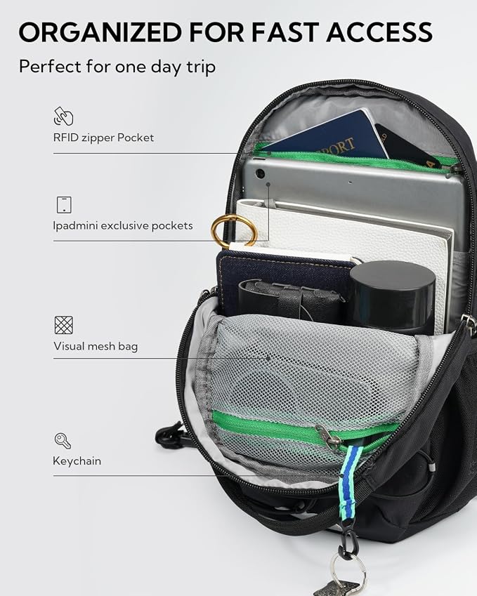 WATERFLY RFID Anti Theft Sling Bag: Small Crossbody Travel Hiking Daypacks | RFID pocket,Multi-compartment pocket,Water-resistant,Adjustable shoulder strap with card pocket,Lightweight nylon