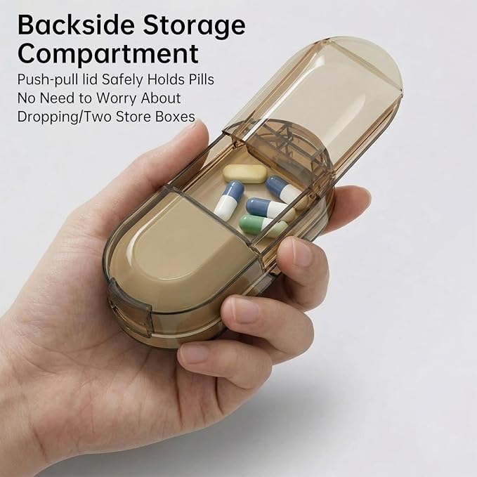 Pill Cutter Splitter for Small or Large Pills, Portable Pill Splitter with Hidden Professional Organizer and Brush, Tablet Cutter Medicine Slicer, Coupe Pilule for Tablets and Vitamins(Brown)