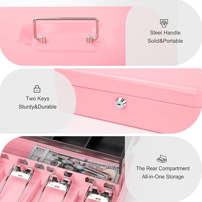 Jssmst Cash Box with Money Tray and Lock - Pink Cash Box with Key Lock Safe Money Box Large, Locking Register Drawer for Money, 11.8'' x 9.5'' x 3.5'', SM-CB005PK