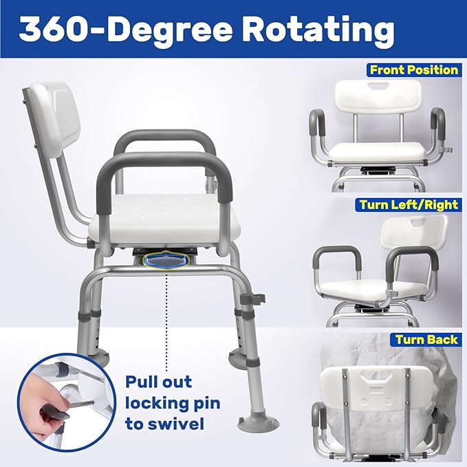 360° Swivel Shower Chair for Inside Shower, Rotating Shower Chair, Swiveling Shower Chair for Elderly and Disabled with Cold-Proof Pads, Support 400lbs,Tools-Free Assemble
