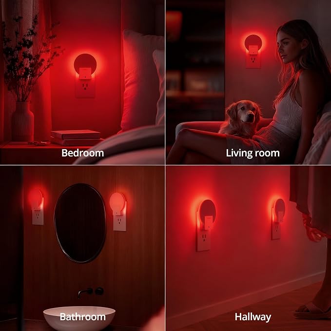 Red Plug in LED Backlit Night Light, Auto Dusk to Dawn Sensor, 1-50 LM Dimmable Sleep Aid Nightlight Indoor for Bedroom, Kids Room, Elderly Housing, Bathroom, Kitchen, Stairs, Hallway, 4 Pack