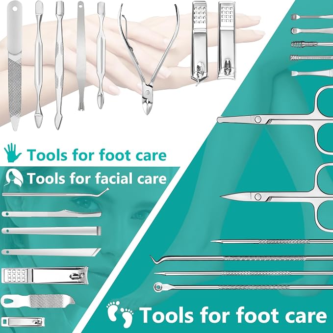 26-Piece Professional Manicure and Pedicure Kit, Nail Clippers Set, Stainless Steel Nail Care Tools with Travel Case, Silver White