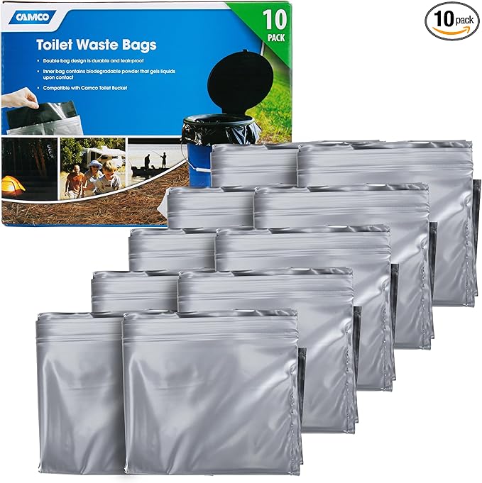 Camco Toilet Waste Bags - Features a Biodegradable Powder & Leak Proof Double Bag Design - Great for Camping, RVing, Hiking, or Boating - 10-Pack (41548)