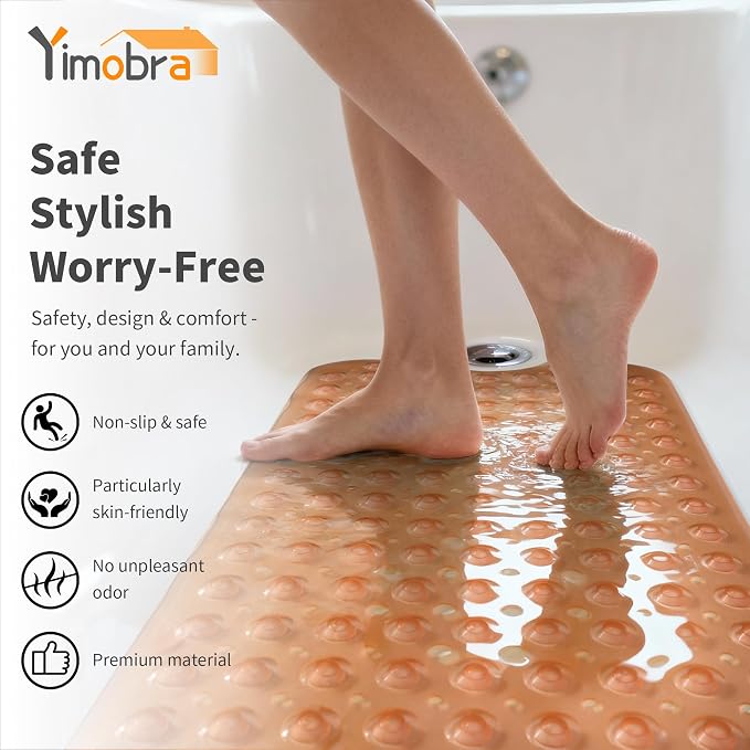 Yimobra Non Slip Bathtub Mat 40 x 16 Inch, Extra Long Shower Mat with Drain Holes, Machine Washable Baby Bath Mats, Strong Suction Cups for Bathroom Floor, Clear Brown