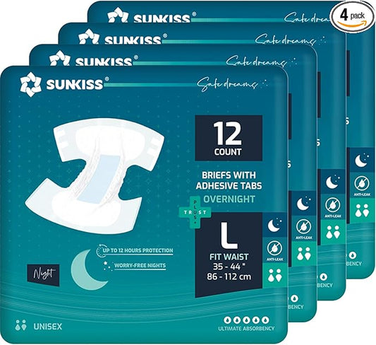 SUNKISS TrustPlus Overnight Adult Diapers with Tabs, Unisex Disposable Incontinence Briefs for Men and Women, Odor Control, Large, 48 Count (4 Packs of 12)