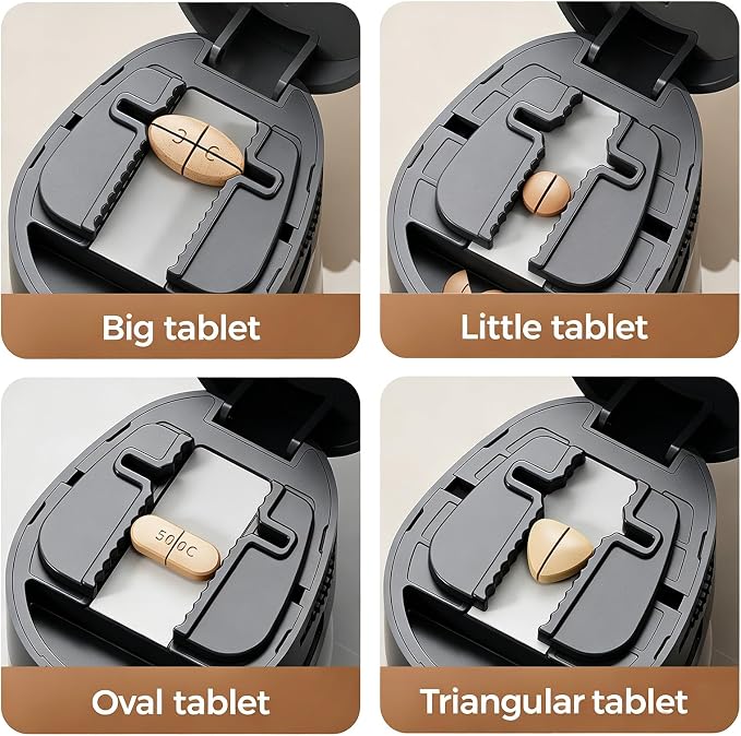 Adjustable Pill Cutter Splitter for Small and Tiny Pills, 1/2 1/4 Pill Splitter for Small Pills Vitamins Tablets, Accurate Alignment & Easy Cutting, Hidden Sharp Blade, Bottom Storage (Black)