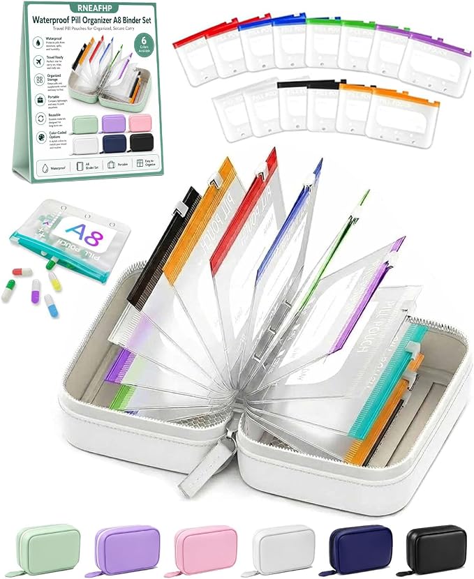 Waterproof Pill Organizer A8 Binder Set Pill Pouches for Travel 14PCS Bags Inside Large Zippered Pouch Bpa-Free Weekly Medicine Air Tight Pocket Color-Coded Reusable Travel Storage System