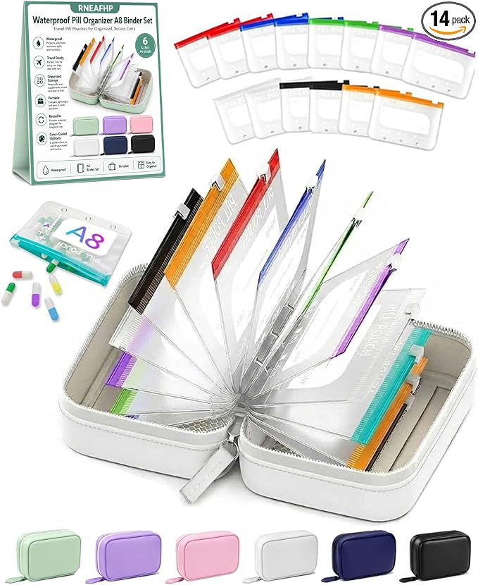Waterproof Pill Organizer A8 Binder Set Pill Pouches for Travel 14PCS Bags Inside Large Zippered Pouch Bpa-Free Weekly Medicine Air Tight Pocket Color-Coded Reusable Travel Storage System