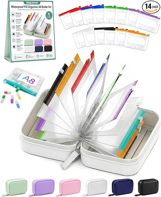 Waterproof Pill Organizer A8 Binder Set Pill Pouches for Travel 14PCS Bags Inside Large Zippered Pouch Bpa-Free Weekly Medicine Air Tight Pocket Color-Coded Reusable Travel Storage System