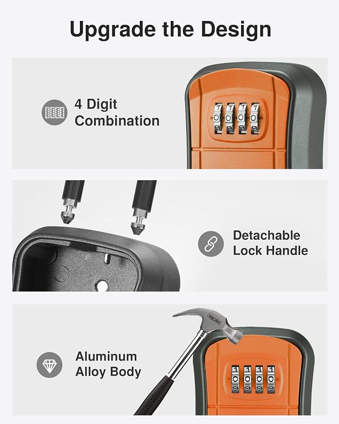 Puroma Key Lock Box Outdoor 4 Digit Code Combination Lockbox House 1 Orange | For Contractors Guest Realtor Storage Keys, Portable, Home Wall Mount, Resettable, Combination, Weatherproof, High-capacity