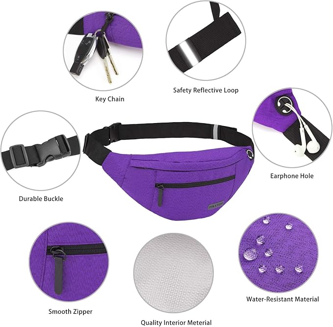 MAXTOP Large Purple Fanny Pack Sling Bag,Gifts for Enjoy Sports Hiking | 4-Zipper Pockets,Polyester,Hands-Free Wallets Shoulder Phone Bag Carrying All Phones