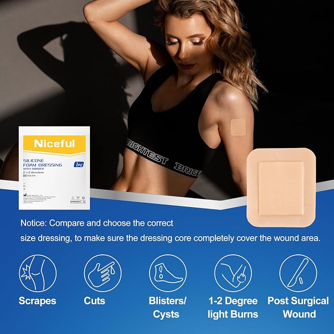 Niceful 20 Count Silicone Foam Dressing Gentle Border 2 x 2 inch, Absorbent Silicone Bandages for Wounds, Waterproof Bed Sore Bandages Wound Dressing