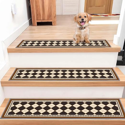 Stair Treads for Wooden Steps, 15 PCS, 30"X8", Brown | Edging Non-slip Stair Runner Indoor, Self-Adhesive Backing, Washable Reusable, Carpet Stair Treads for Kids Elderly Pets