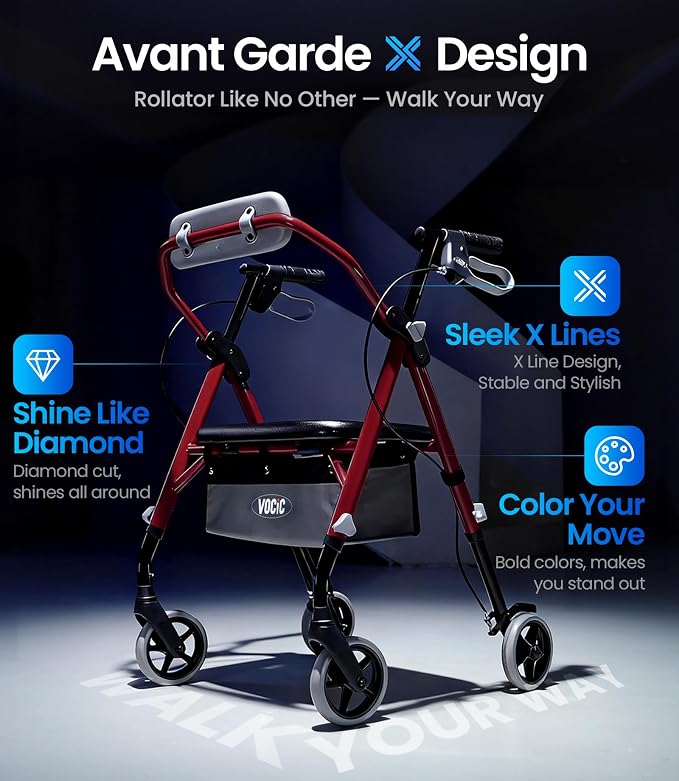 VOCIC Z11 Rollator Walker for Seniors with Seat, 380 LBS | Lightweight Design with Ergo Seat & Backrest, Height Adjustable & Easily Foldable for Seniors' Mobility, Blue
