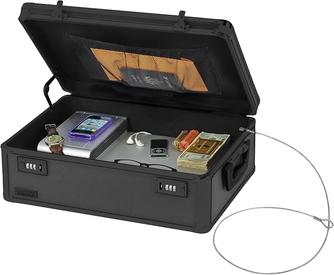 Vaultz Locking Storage Chest with Dual Combination Lock-Small Lock Box for Laptops, Tablets & Valuables, Lockable Storage Box with Code, Keyless Lockbox for Dorm, Home & Travel 18.11" x 12.99" x 6.18"