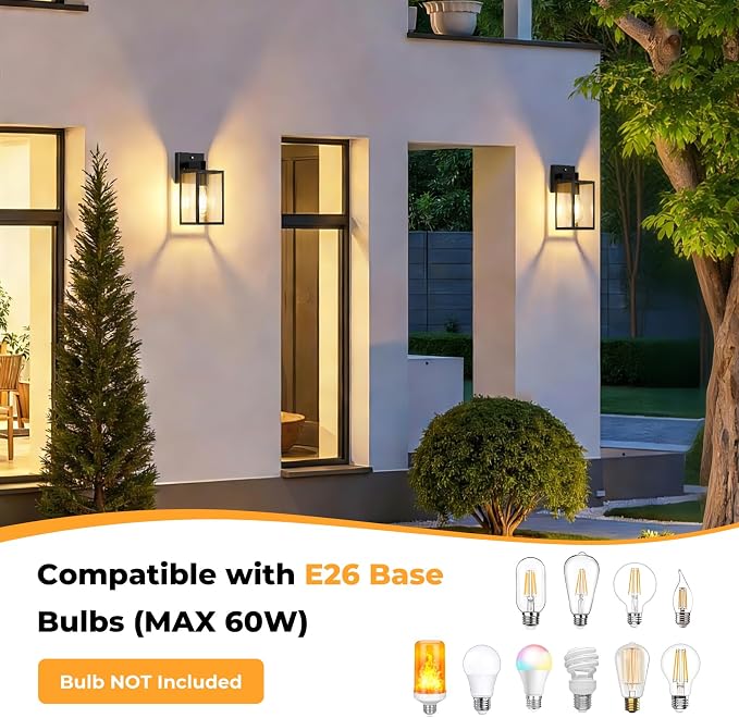 2 Pack Dusk to Dawn Outdoor Wall Light Fixtures, Exterior Porch Light, Waterproof Wall Sconces Lanterns, Sensor Lighting Wall Mount for House Doorway Garage, Black