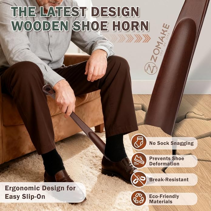 ZOMAKE Wooden Shoe Horn Long Handle for Seniors Men Women 16.5"/16.9" | Wood Long Shoehorn Boot Horn, Shoe Spoon Helper, Shoes Protection, No Bend Over, Easy Shoe Wear for Home Use